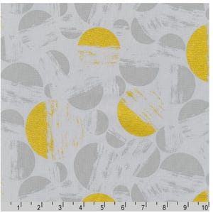 May include: A fabric with a repeating pattern of gray and yellow semi-circles. The yellow semi-circles have a textured, brushstroke appearance, while the gray ones are solid. The background is a light gray.