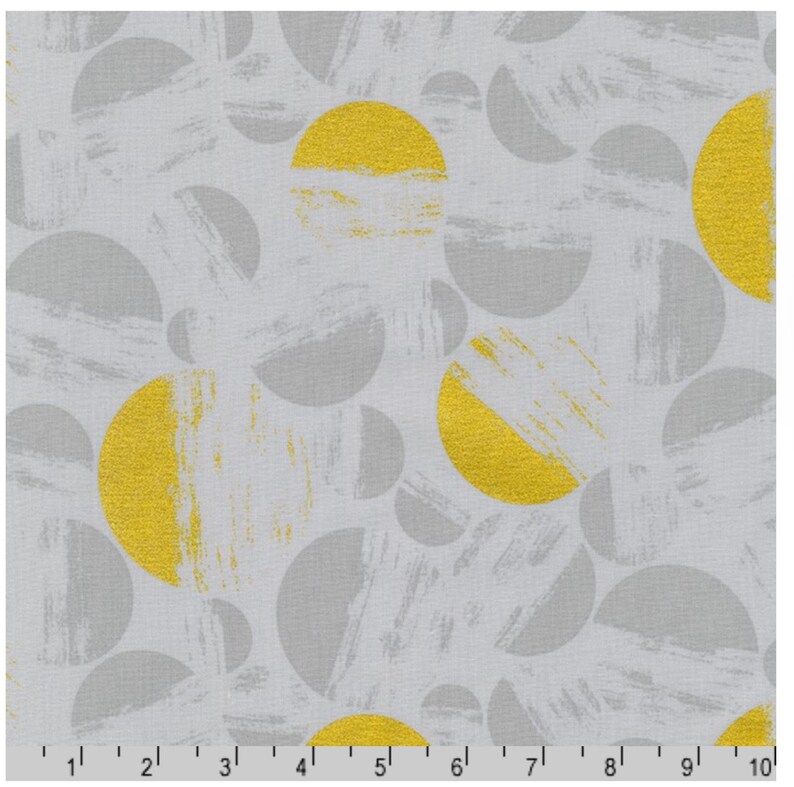 May include: A fabric with a repeating pattern of gray and yellow semi-circles. The yellow semi-circles have a textured, brushstroke appearance, while the gray ones are solid. The background is a light gray.