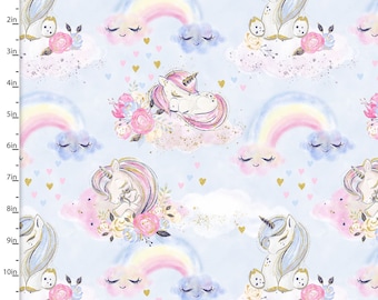 Unicorns and Rainbows Blue, 100% Premium Cotton with Glitter Fabric ~ Unicorn Utopia Collection for 3 Wishes Fabrics