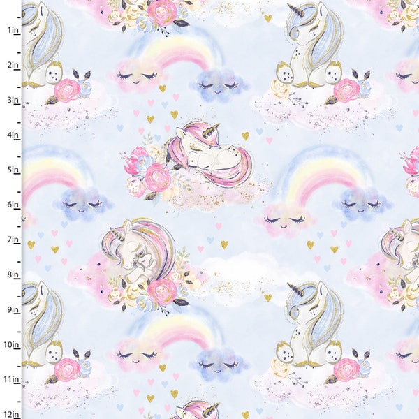 By the Yard ~ Unicorns and Rainbows Blue Fabric ~ Unicorn Utopia Collection for 3 Wishes Fabrics, 100% Premium Cotton with Glitter