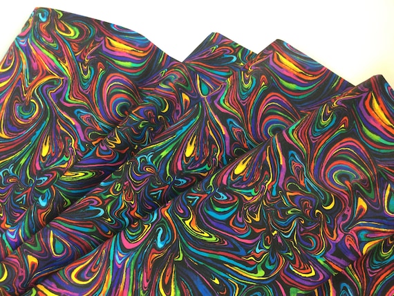 Glow Bright Rainbow Swirls Black Fabric Glow Collection by 