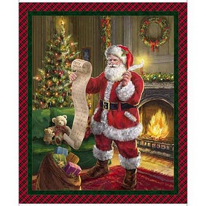 May include: A Christmas-themed fabric panel featuring Santa Claus holding a scroll that reads "Good Kids". Santa is dressed in a red suit with white trim, standing near a Christmas tree and a fireplace. A sack of gifts is at his feet.