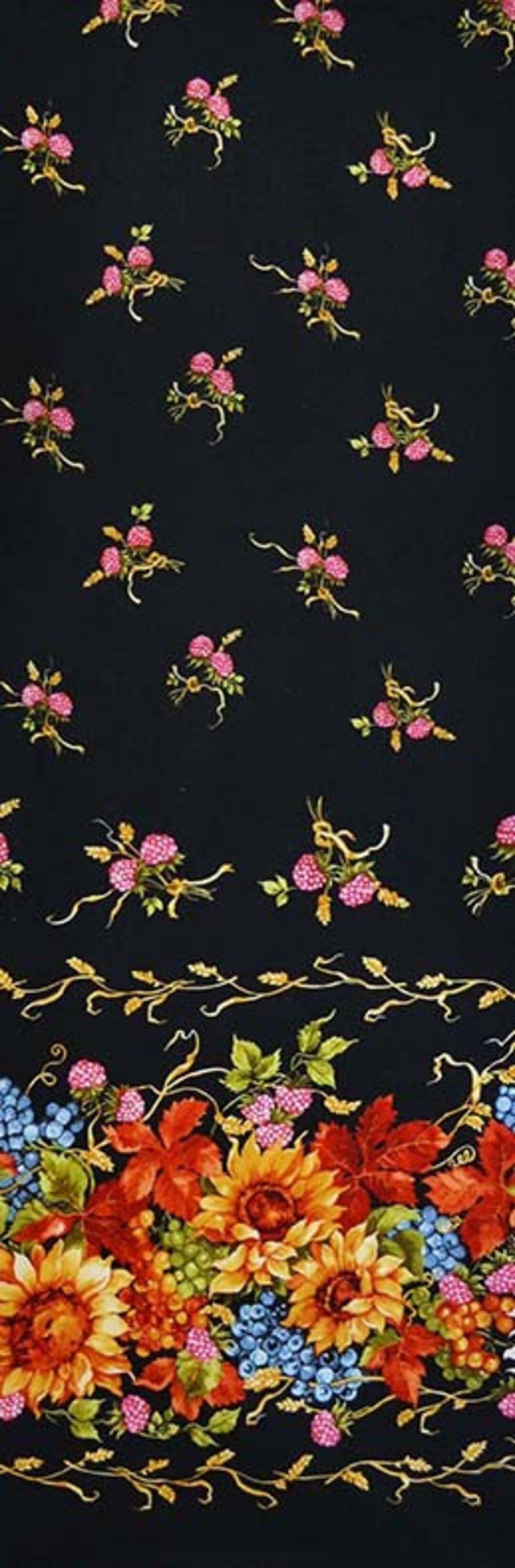 6 Dollars/yard SALE ~autumn Bouquet Single Border Black Cotton Fabric ...