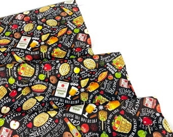 Harvest Treats and Words Black Background, 100% Cotton Quilting Fabric ~ Hello Fall Collection, Timeless Treasures Fabrics