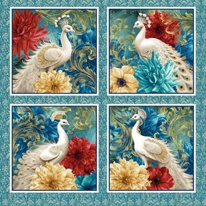 36" Alabaster Wings Peacock Peafowls Pillow Blocks Panel, 100% Cotton Fabric ~ Alabaster Wings by Pattern Weave for Blank Quilting