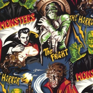 Retro Movie Horror Posters Midnight Fabric ~ Pleasures and Pastimes Collection from Robert Kaufman, 100% Quilting Cotton Fabric