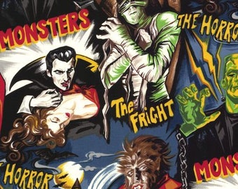 Retro Movie Horror Posters Midnight Fabric ~ Pleasures and Pastimes Collection from Robert Kaufman, 100% Quilting Cotton Fabric