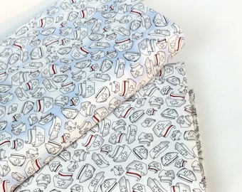 Nifty Nurses Happy Hats on White Background, 100% Quilting Cotton Fabric ~ Nifty Nurses Collection by Loralie Designs