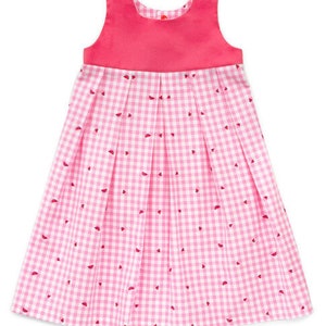May include: A sleeveless pink dress with a gingham pattern and red watermelon slice accents. The bodice is a solid pink, and the skirt features pleats. The dress is designed for children.