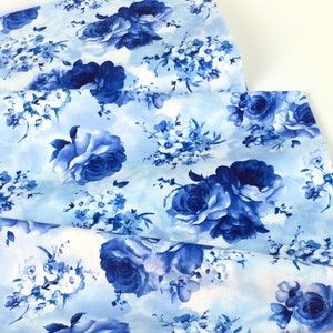 Medium Blue Flowers Sky Blue Background 100% Quilting Cotton Fabric ~ Bluebird Collection by Chong-a Hwang for Timeless Treasures Fabrics