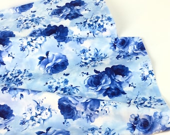 Medium Blue Flowers Sky Blue Background 100% Quilting Cotton Fabric ~ Bluebird Collection by Chong-a Hwang for Timeless Treasures Fabrics