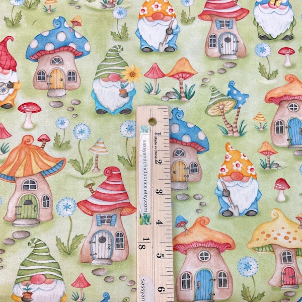 Gnome Sweet Home Green 100% Quilting Cotton Fabric ~Better Gnomes and Gardens Collection from Michael Miller Fabrics