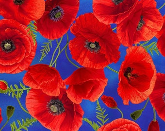 Poppy Floral Royal 100% Cotton Digital Fabric ~ Sunset Poppies Collection by Chong-a Hwang for Timeless Treasures