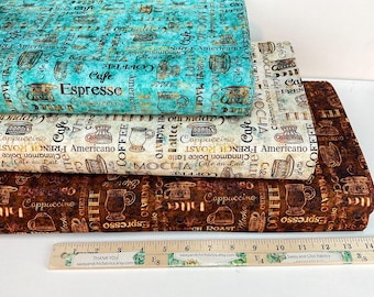 Coffee Text 3 Colors: Brown/Aqua/Parchment, 100% Cotton VERY LIGHTWEIGHT Fabric ~ Barista Collection by Dan Morris for QT Fabrics