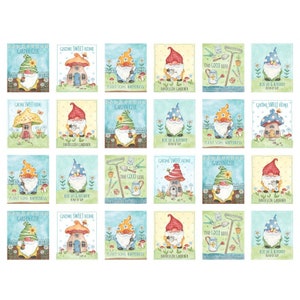 May include: A collection of watercolor art prints featuring garden gnomes. Each print has a different gnome with a unique hat and beard, surrounded by flowers and garden tools. Text includes phrases like "Garden Geek" and "Gnome Sweet Home."