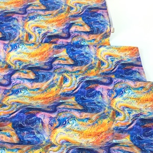 May include: Abstract fabric with a swirling pattern in shades of blue, orange, yellow, and purple. The fabric appears to be layered, with the pattern repeating across the surface. The design resembles a watercolor painting.
