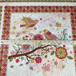 24” Nature Walk Panel 2 Colors: Rose or Blue Cotton Fabric ~ Bird Song Collection  by Pat Sloan for Benartex Fabrics