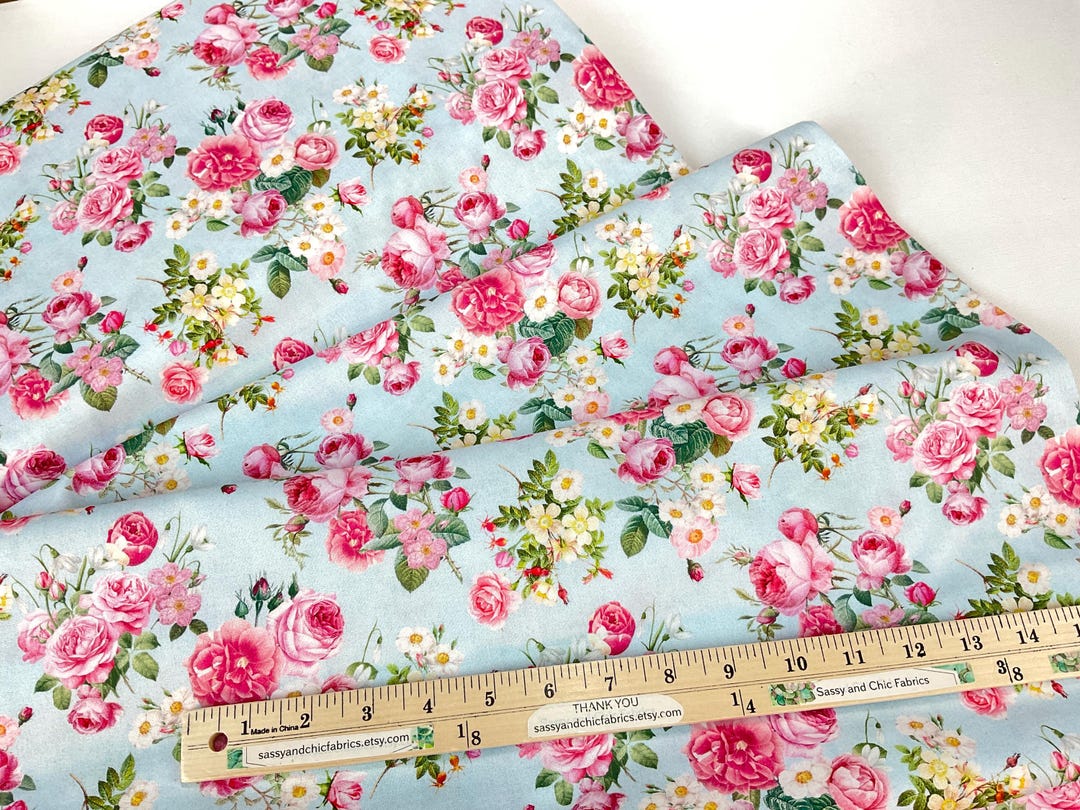 Floral Bouquets Blue Background, 100% Digital Cotton Fabric ~ Belle ...