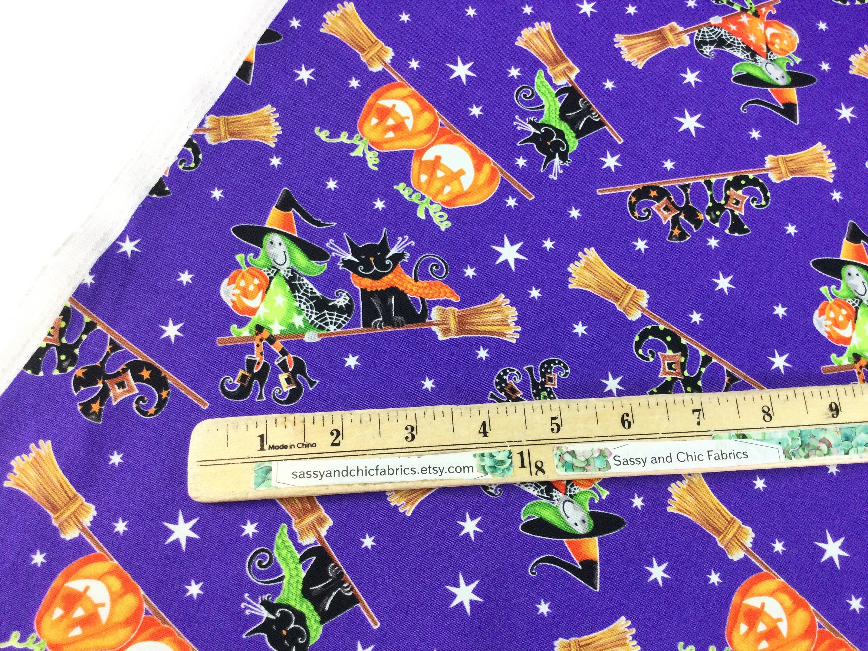 Henry Glass & Co: Here We Glow Purple Flying Witches Glow in the Dark Fabric  By Delphine Cubitt (9536G-53) — Quilted Angel