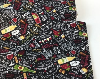 It's Wine O’Clock Black Fabric ~ Wine Cellar Collection by Gail Cadden for Timeless Treasures Fabrics ~ 100% Quilting Cotton Fabric