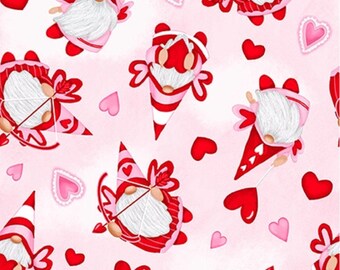 Tossed Cupid Gnomies Pink Fabric ~ Gnomie Love Collection by Shelly Comisky for Henry Glass Fabrics, 100% Quilting Cotton