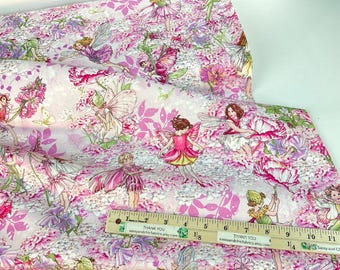 Petal Flower Fairies Allover Pink, 100% Quilting Cotton with Metallic Gold Fabric ~ Petal Flower Fairies Collection from Michael Miller