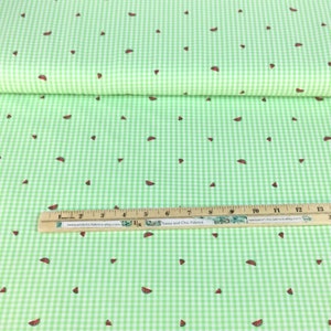 K&ouml;nnte beinhalten: Gr&uuml;n-wei&szlig;es Vichy-Gewebe mit einem sich wiederholenden Muster aus roten Wassermelonenscheiben. Ein Holzlineal mit Zentimetermessungen liegt auf dem Stoff. Der Stoff ist gefaltet und zeigt das Muster.