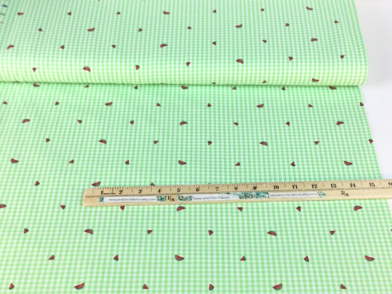 K&ouml;nnte beinhalten: Gr&uuml;n-wei&szlig;es Vichy-Gewebe mit einem sich wiederholenden Muster aus roten Wassermelonenscheiben. Ein Holzlineal mit Zentimetermessungen liegt auf dem Stoff. Der Stoff ist gefaltet und zeigt das Muster.