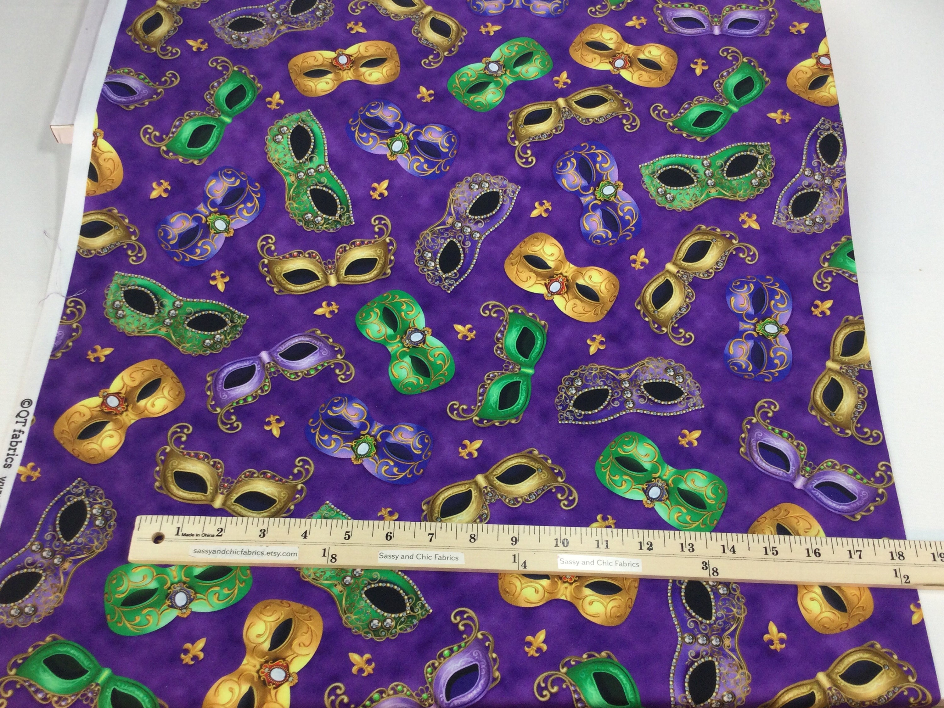 Cotton Fabric - Novelty Fabric - Mardi Gras Masks Festive New Orleans  Holiday Mask Purple - 4my3boyz Fabric