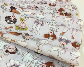 Nifty Nurses Gray Background, 100% Quilting Cotton Fabric ~ Nifty Nurses Collection by Loralie Designs Fabric