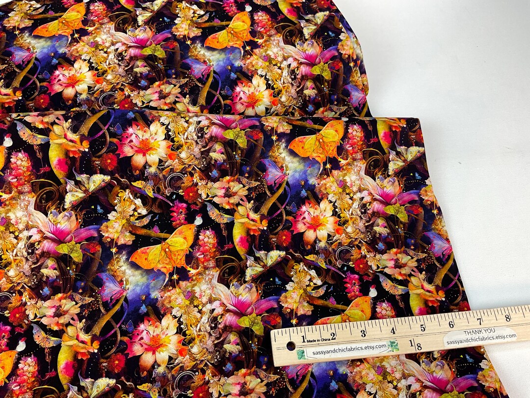 Flowers With Butterflies Pink Color, 100% Cotton Fabric ~ Night Garden ...