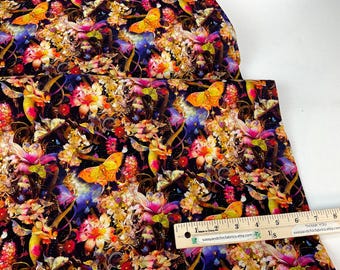 Flowers with Butterflies Pink Color, 100% Cotton Fabric ~ Night Garden Digital Collection for Blank Quilting Fabrics
