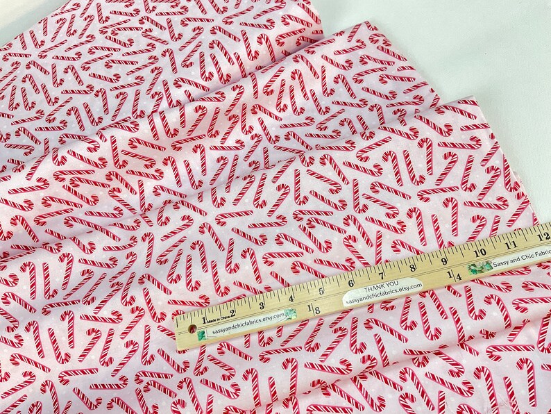 Candy Cane Ruler Tossed Candy Canes and Dots Pink Background, 100% Quilting Cotton ...