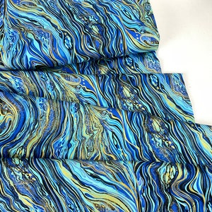 Utopia Metallic Blue Marble Aqua Fabric ~ Royal Plume Collection by Chong-a-Hwan for Timeless Treasures Fabrics, Cotton Quilt Fabric