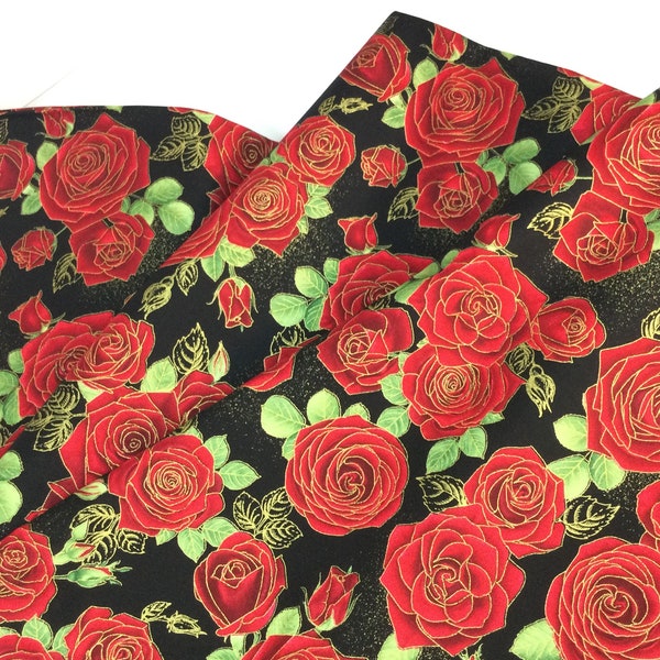 Medium Red Roses Black Fabric ~ Gilded Rose Collection by Chong-a Hwang for Timeless Treasures Fabrics, 100% Quilting Cotton