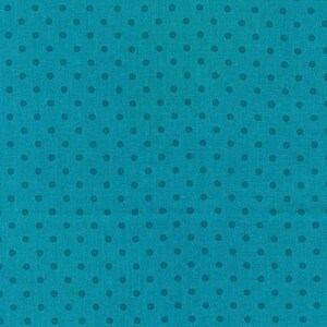 May include: Teal fabric with a repeating pattern of dark teal polka dots. The fabric has a slightly textured appearance, and the dots are evenly spaced across the surface. This fabric is suitable for various sewing and crafting projects.