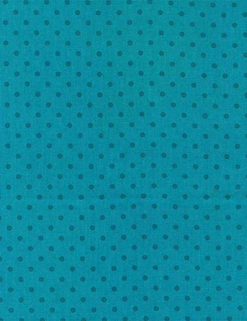 May include: Teal fabric with a repeating pattern of dark teal polka dots. The fabric has a slightly textured appearance, and the dots are evenly spaced across the surface. This fabric is suitable for various sewing and crafting projects.