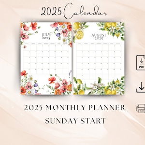 2025 Digitaler Kalender, Digitaler Monatsplaner Porträt Blumen Monatskalender Sonntag Start 2025 A4 Letter Size Wandkalender DRUCKBARE PDF