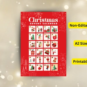 Tags du calendrier de l'Avent de Noël Cartes de calendrier de compte à rebours de Noël Téléchargement de la salle de classe pour les enfants dans la chambre d'enfant et des étiquettes de cadeaux imprimables en format numérique A2