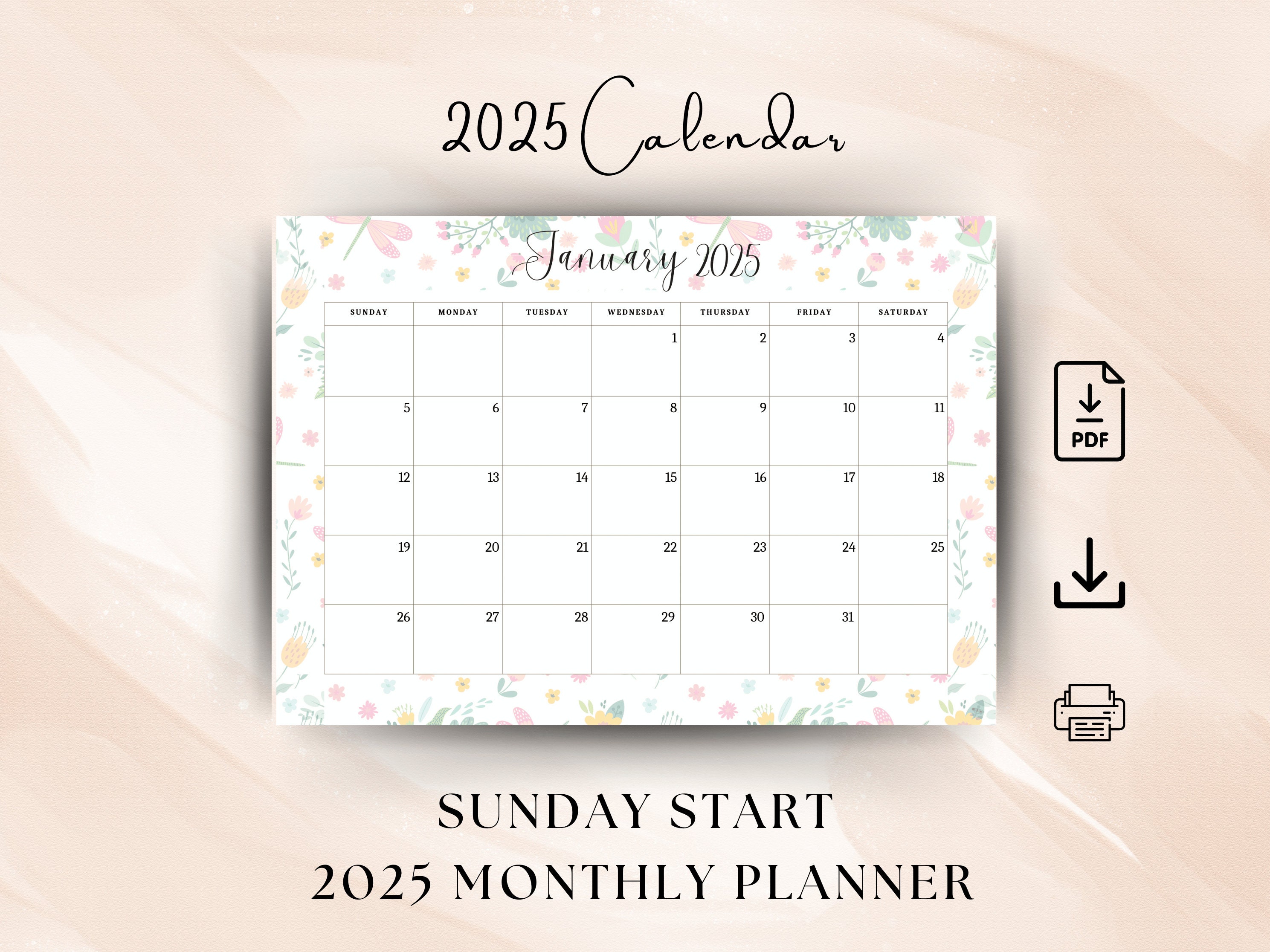 2025 Calendar 2025 Monthly Planner Landscape Floral Elegant Monthly ...