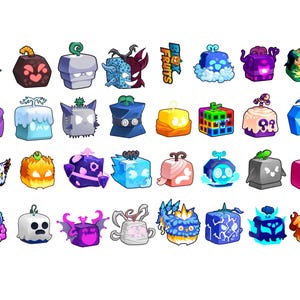 May include: A collection of thirty-two colourful, stylised square-shaped fruit icons from the game Blox Fruits, featuring various designs including flames, ice, ghosts, dragons, and geometric patterns, arranged in a grid with the game logo.