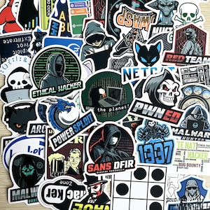 May include: A collection of assorted vinyl stickers featuring cybersecurity and hacking themes. The designs include hooded figures, skulls, digital code patterns, and text such as Ethical Hacker, Pwned, Malware Hunter, and Sans DFIR in various colours.
