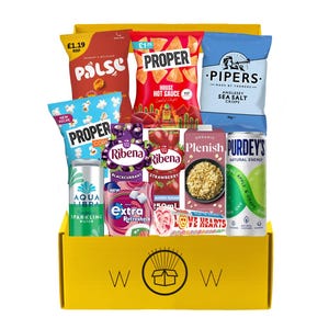 May include: A yellow gift box filled with various snacks and drinks. The box contains bags of chips, popcorn, and crisps, along with cans and cartons of beverages. The brands include Proper, Ribena, and Purdey's. The box has the letters "WW" on the front.