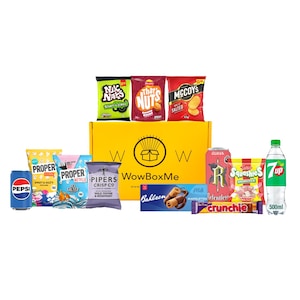May include: A yellow WowBoxMe box containing various snacks and drinks. The selection includes crisps, nuts, sweets, a can of Pepsi, and a 500ml bottle of 7 Up. The box is branded with the WowBoxMe logo and text.
