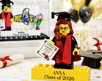 Personalized Minifigure Set with Custom Display Case, Custom Graduation Mini Figure, 2026 Graduation Gift, Funny Grad Gift for Him/Her