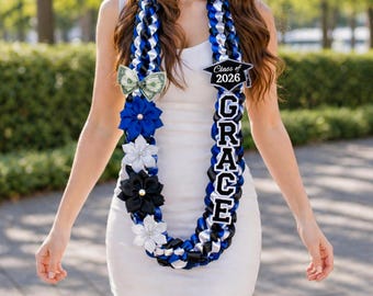 Graduation Lei 2026, 50" Double Braided Ribbon Lei Necklace, Class of 2026 Satin Flower, Handmade Grad Gift for Men Women