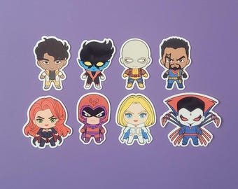 May include: A collection of eight cartoon character stickers on a purple background. The stickers feature various characters with distinct outfits and facial features, including a bald character, a character with a red helmet, and a character with a cape.