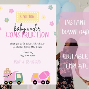 May include: Pink and yellow baby shower invitation with a construction theme. The invitation says "baby under construction" and includes a pink and green toy truck with the words "A Big" on the back. The invitation also includes a pink and yellow toy cement mixer.