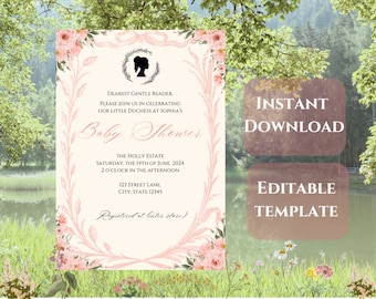 Bridgerton Theme Baby Shower Invitation Template, Pink Floral Baby Shower, Instant Download, Vintage, Regency Era, Tea Party, 5x7