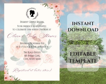 Bridgerton Theme Watercolor Baby Shower Invitation Template, Regency Era, Baby Girl, Vintage Birthday, Tea Party, Digital Download, 5x7